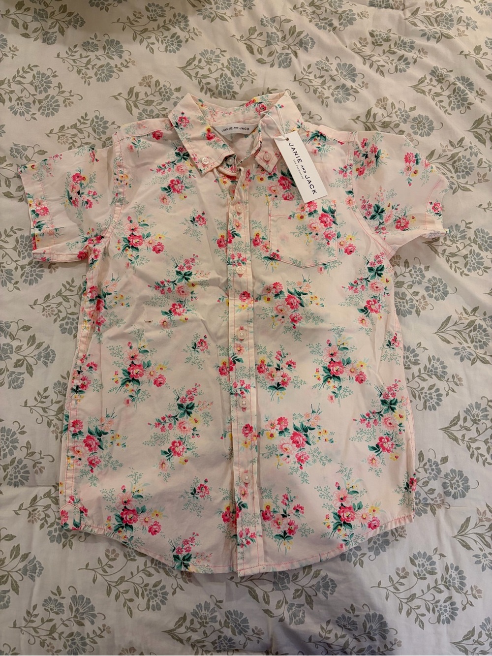 Janie and Jack Cream Short-Sleeve Floral Button-Up Shirt
